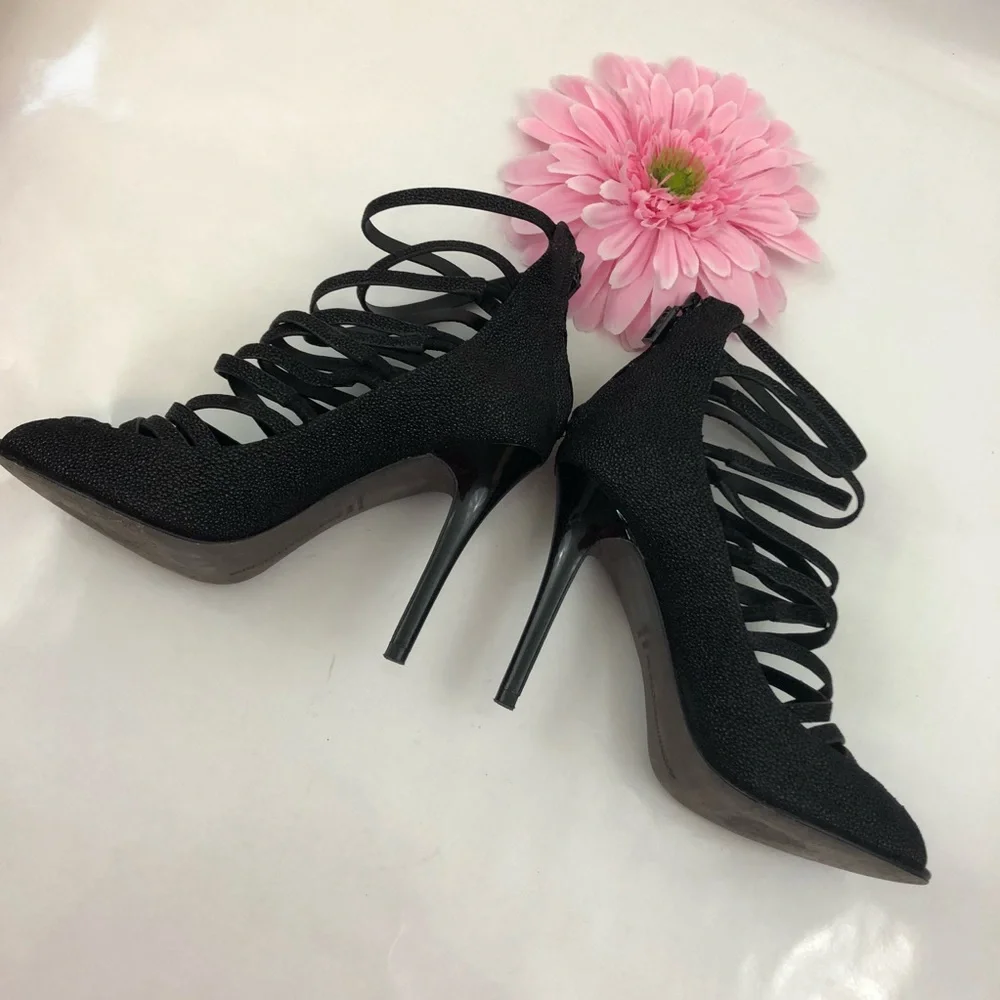 Rebecca Minkoff Black Leather Cage Stiletto Heels